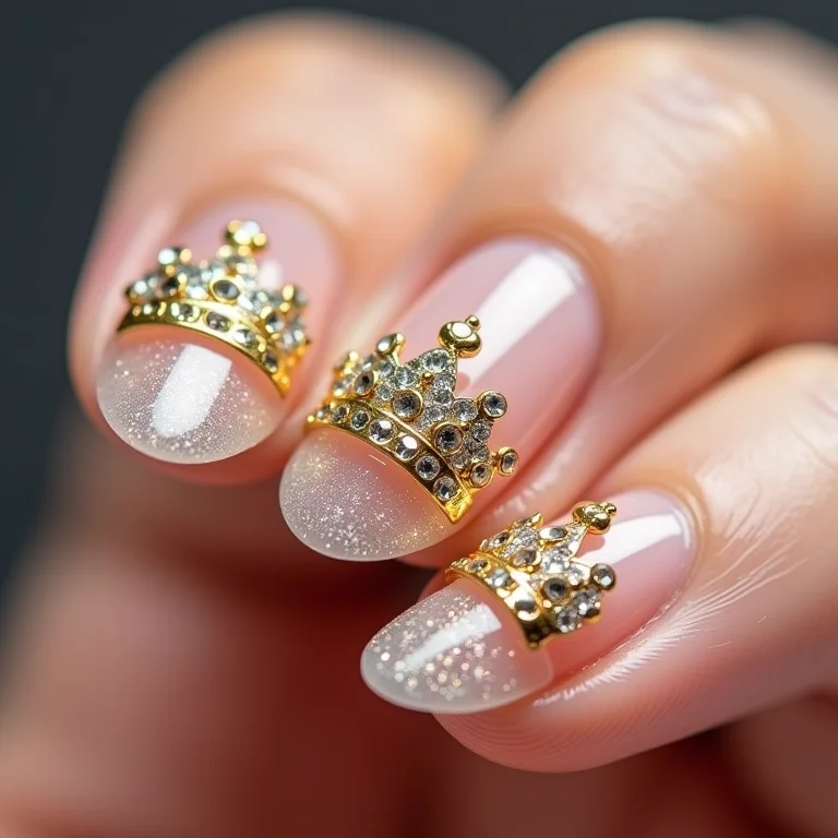 Unhas com coroas de pedrarias brilhantes