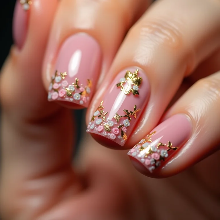 Unhas com coroas, flores delicadas e românticas