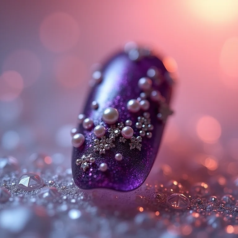 Unhas com decoração 3D de pérolas e cristais