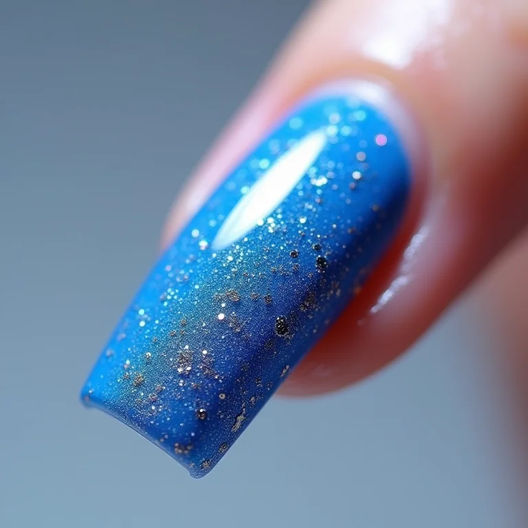 Unhas com degradê azul e glitter prata em close-up
