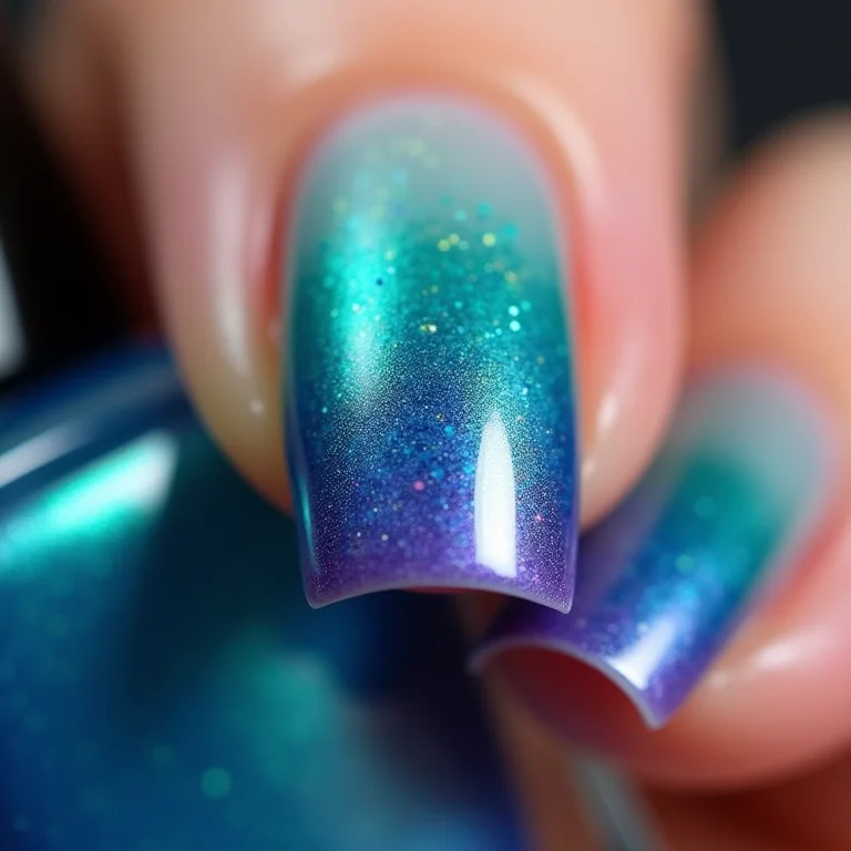 Unhas com degradê oceânico em macro
