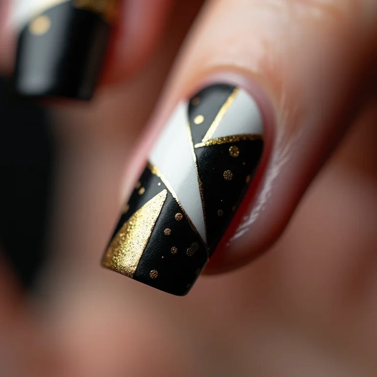 Unhas com desenhos abstratos e geométricos em preto, branco e dourado