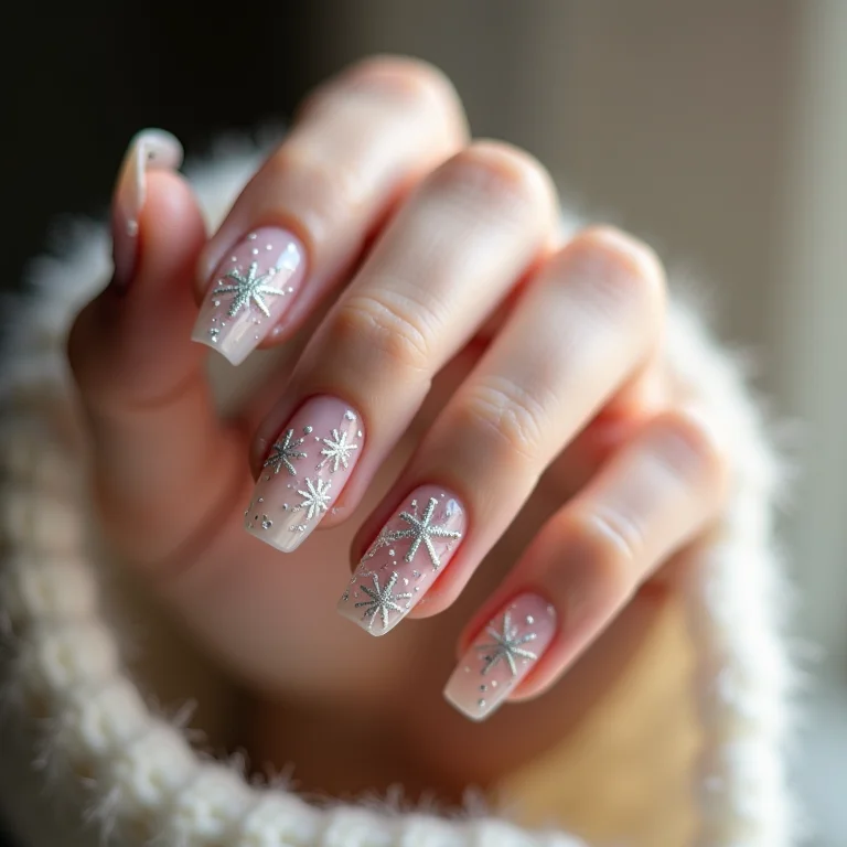 Unhas com desenhos de flocos de neve delicados