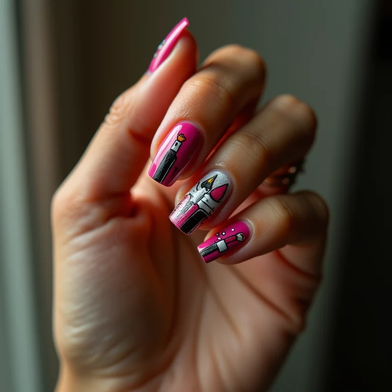 Unhas com desenhos de pincéis e batons