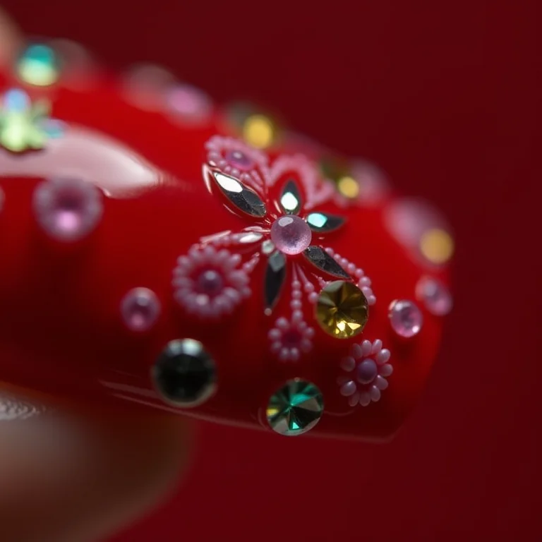 Unhas com desenhos florais e pedras