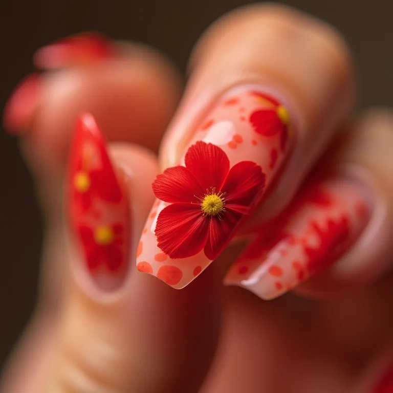 Unhas com desenhos florais vermelhos