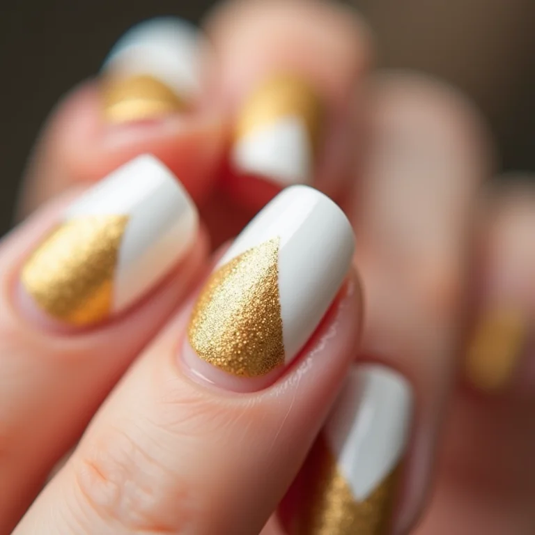 Unhas com desenhos geométricos em branco e dourado