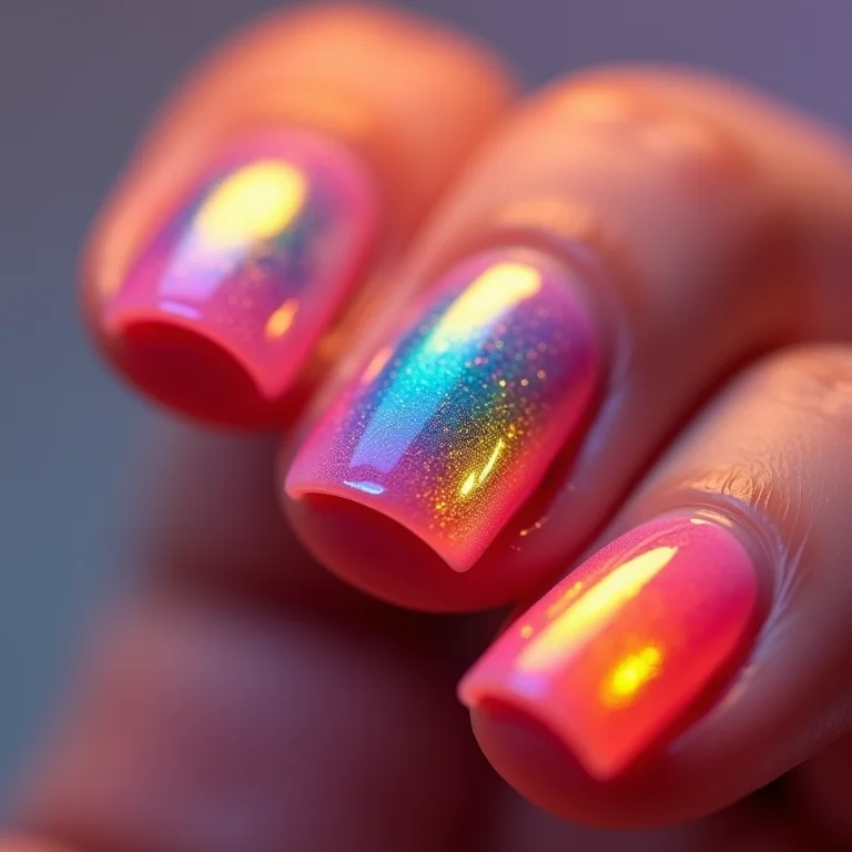 Unhas com efeito degradê em tons de arco-íris