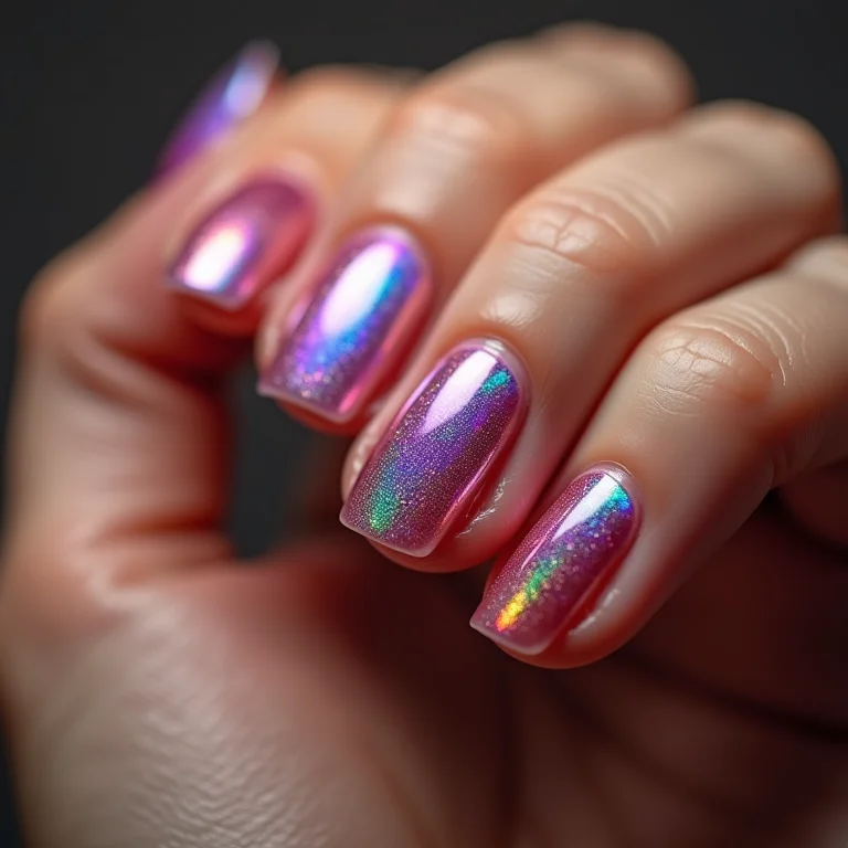 Unhas com efeito holográfico em gel