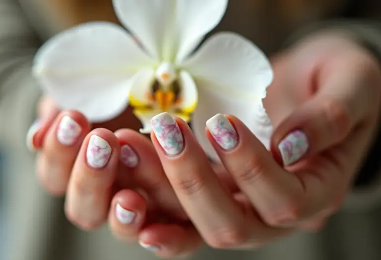Unhas com efeito mármore segurando orquídea branca.
