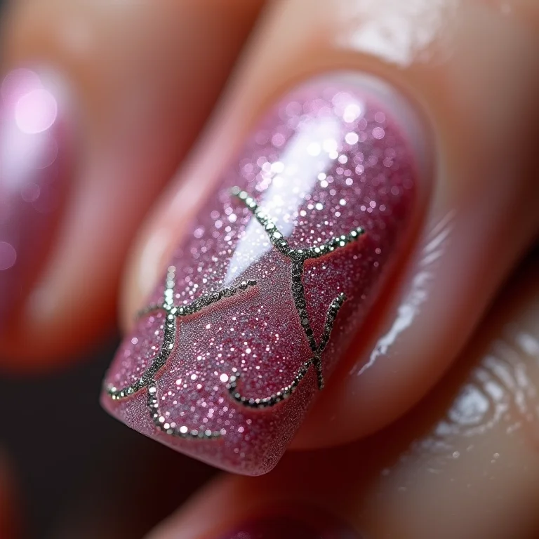 Unhas com efeito meia calça e glitter.