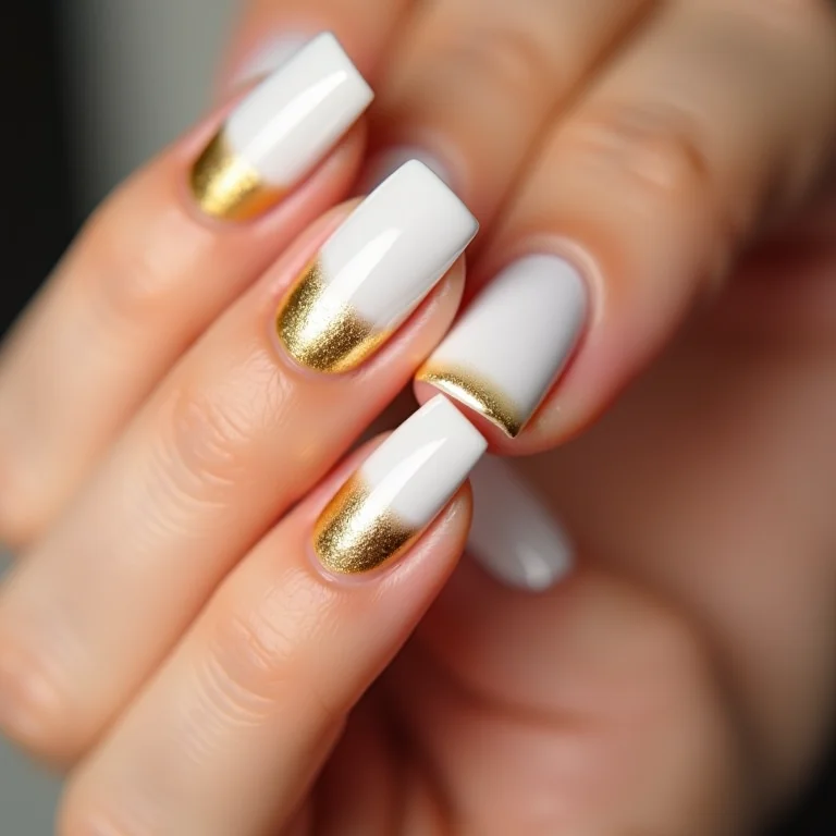 Unhas com efeito ombré branco e dourado