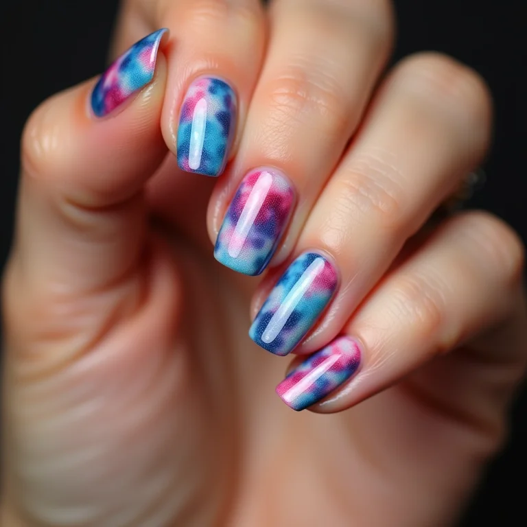 Unhas com efeito tie-dye.