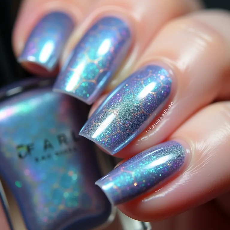 Unhas com escamas holográficas em detalhe