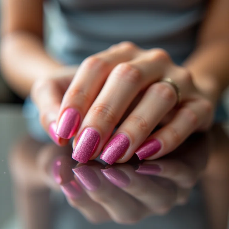 Unhas com esmalte Impala refletindo tela de computador com loja online.