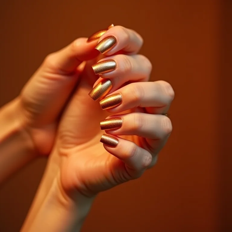 Unhas com esmalte metálico dourado