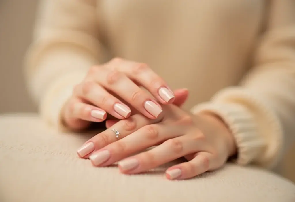 Unhas com esmalte nude sobre cashmere bege