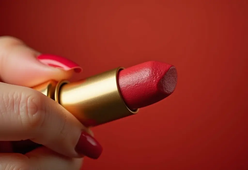 Unhas com esmalte texturizado com aparência de pipoca segurando batom dourado.