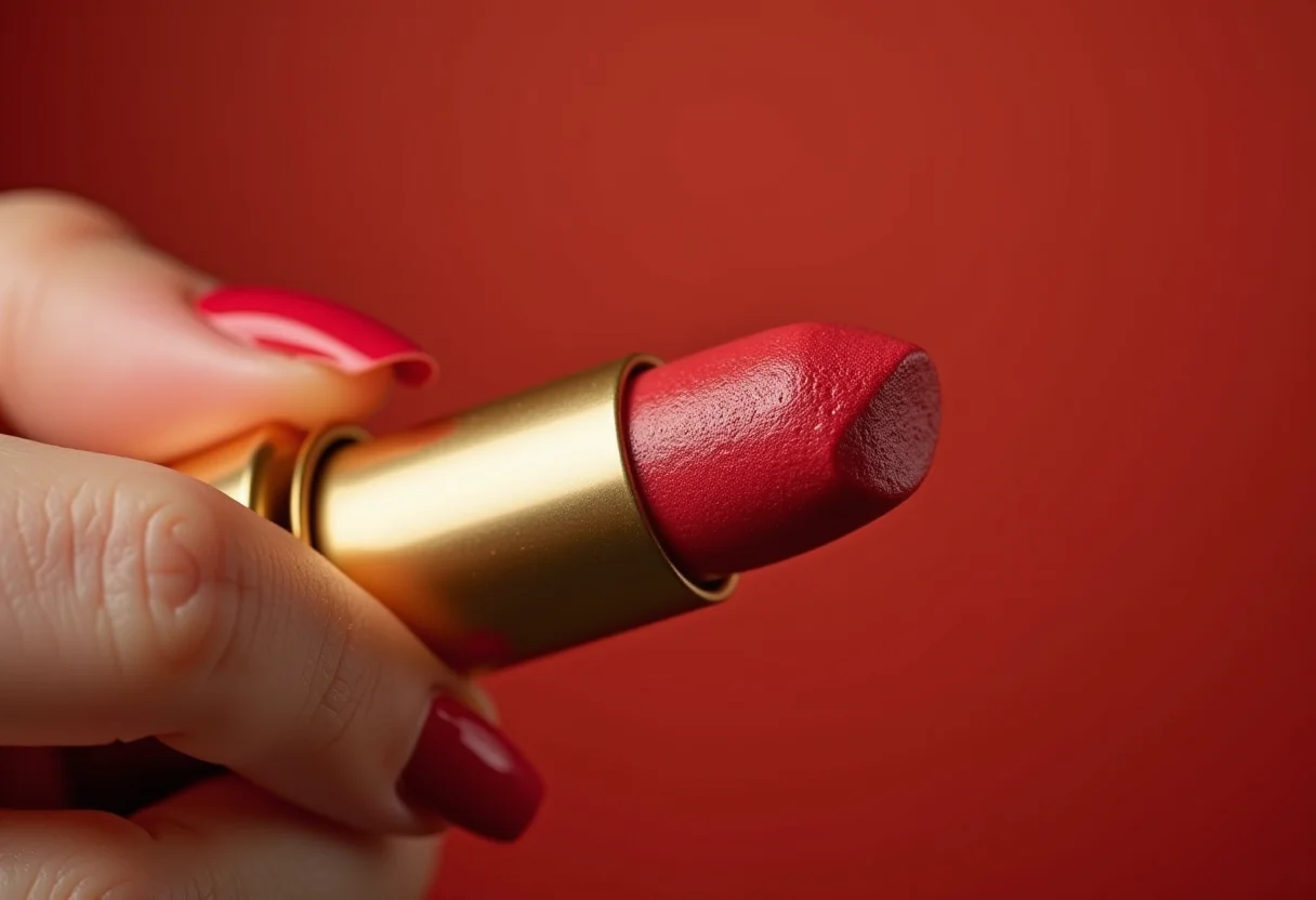 Unhas com esmalte texturizado com aparência de pipoca segurando batom dourado.