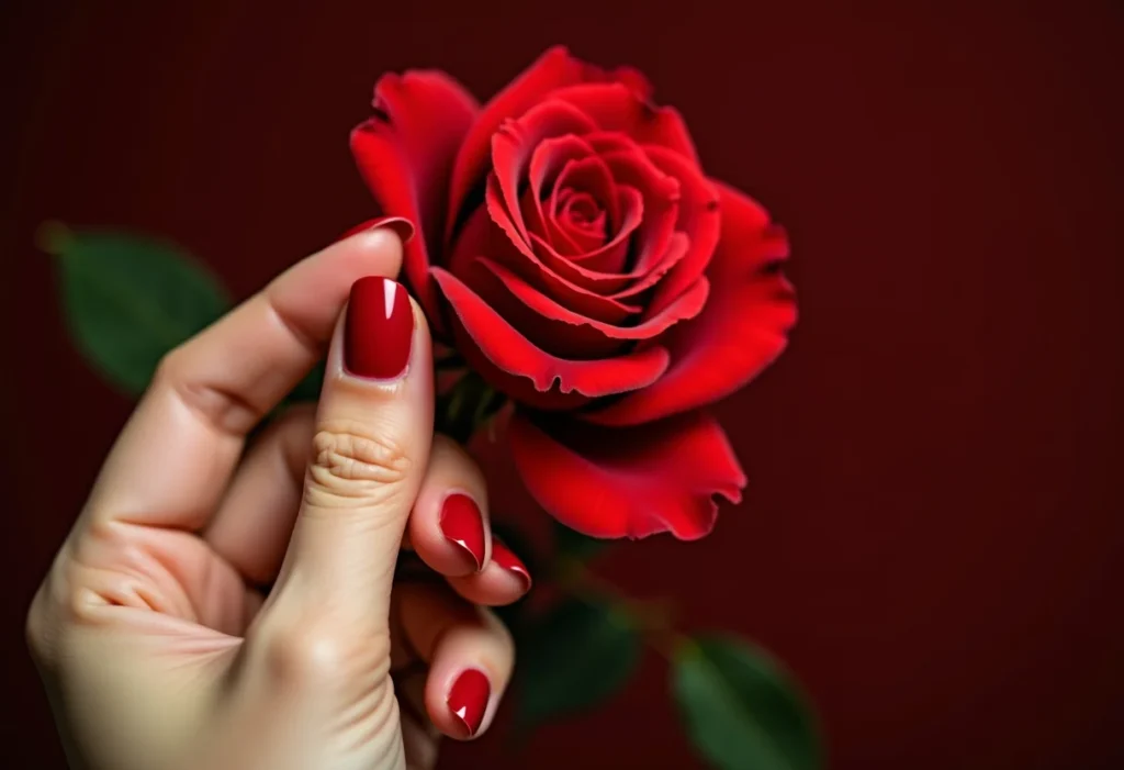 Alerta: O erro fatal na sua coleção de esmaltes que você precisa evitar Unhas com esmalte vermelho rachado segurando uma rosa murcha