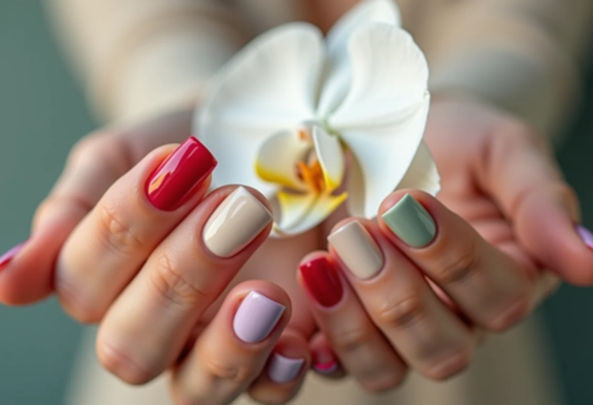 Unhas com esmaltes coloridos segurando orquídea branca