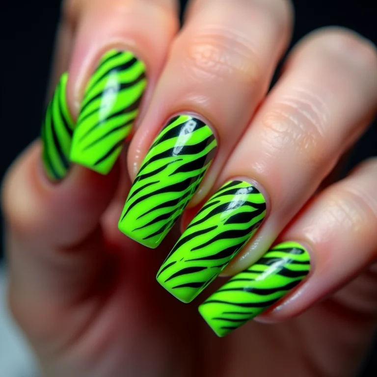 Unhas com estampa de zebra verde neon e preta