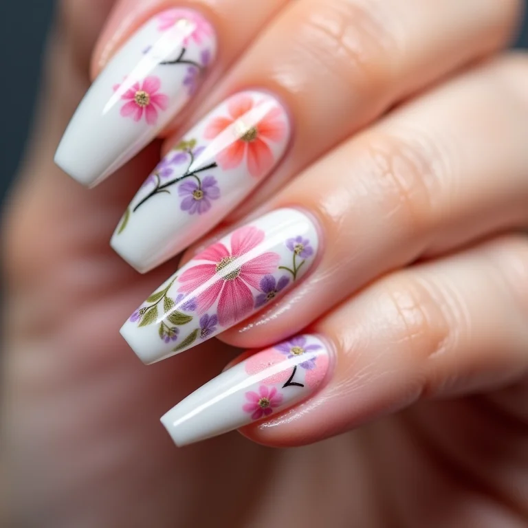 Unhas com flores delicadas em tons pastel