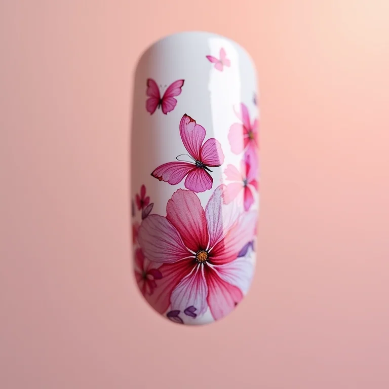 Unhas com flores e borboletas estilo aquarela