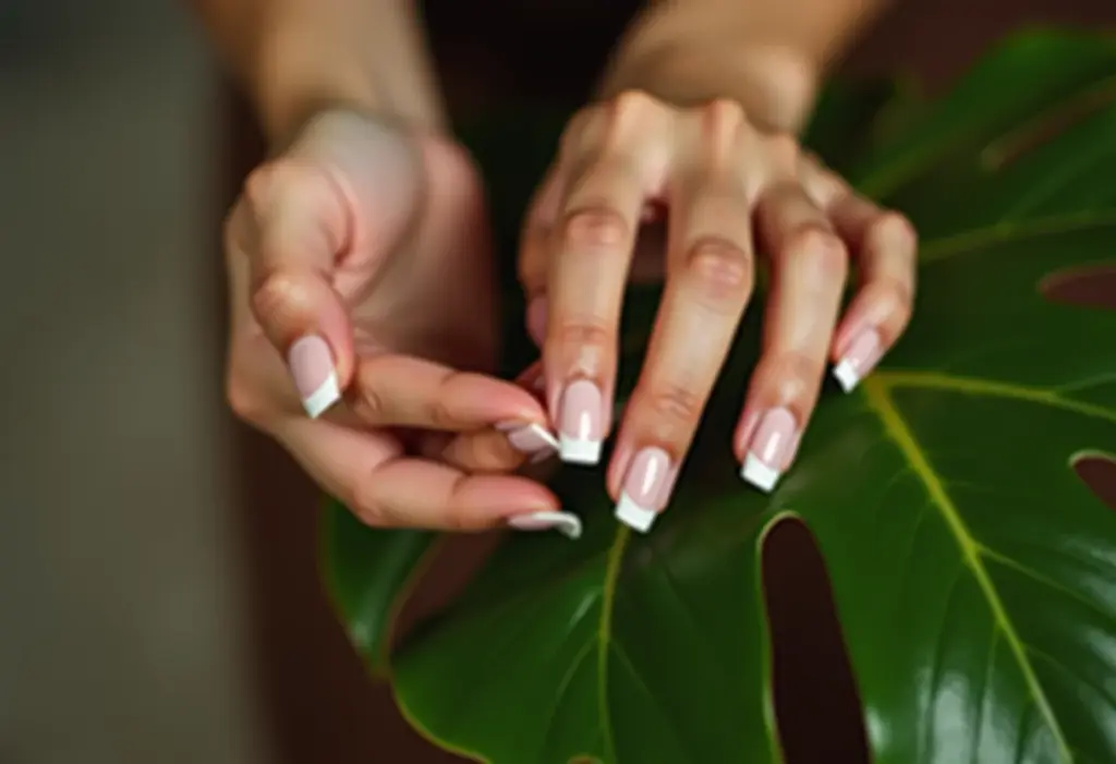 Unhas com francesinha em gel tocando folha de monstera