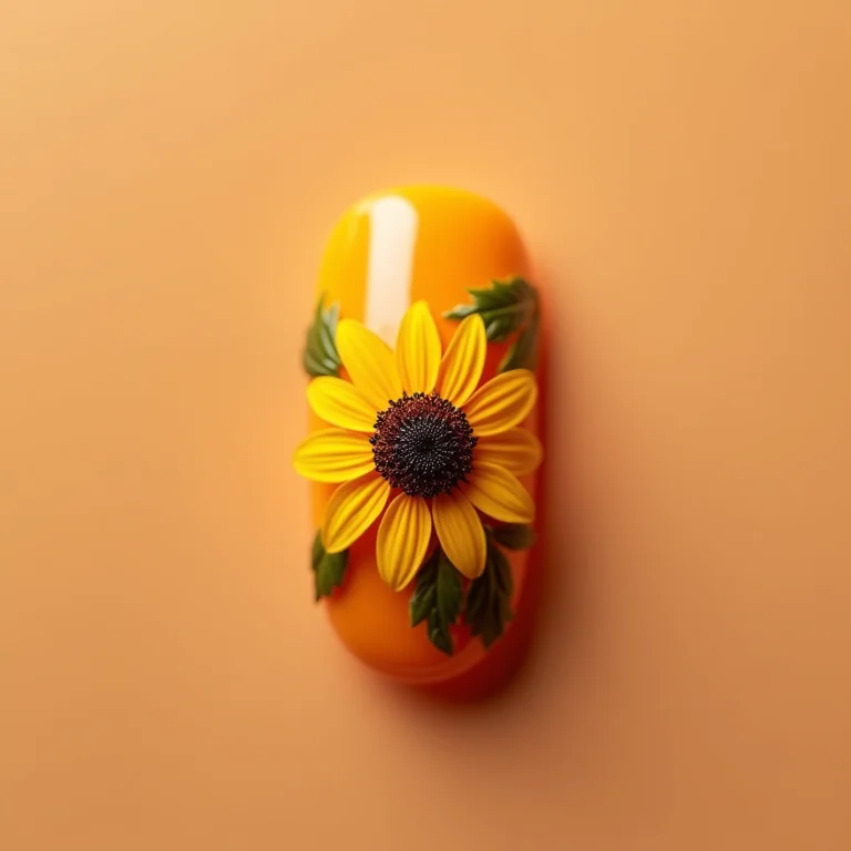 Unhas com girassol delicado sobre fundo nude.