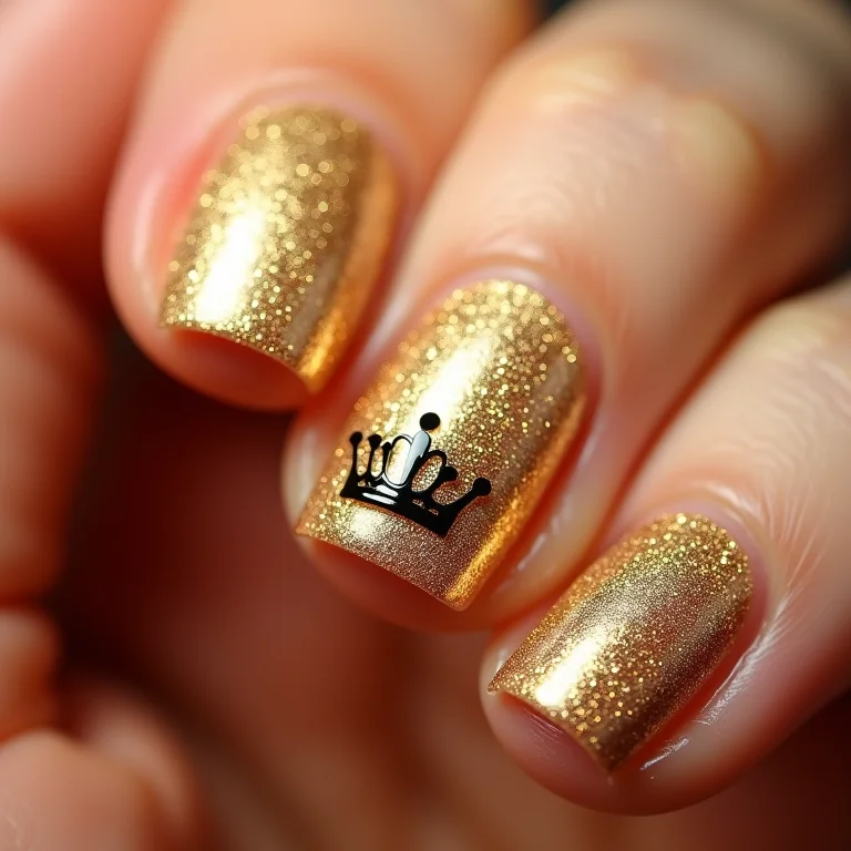 Unhas com glitter dourado e coroas