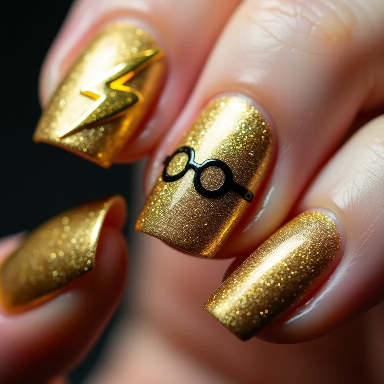 Unhas com glitter dourado e desenhos Harry Potter