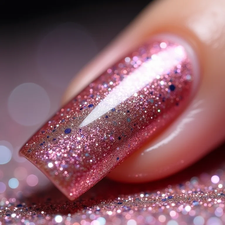 Unhas com glitter e acabamento brilhante