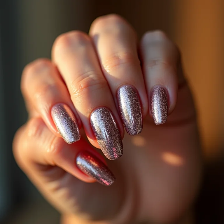 Unhas com glitter e acabamento metalizado brilhante
