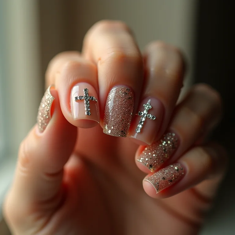 Unhas com glitter e pedrarias: brilho e sofisticação com toque de fé.