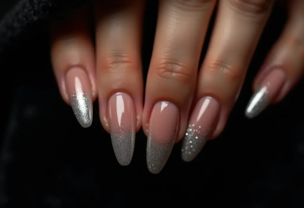 Unhas com glitter prata e clutch de veludo