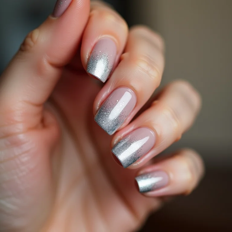 Unhas com glitter prata nas pontas em degradê