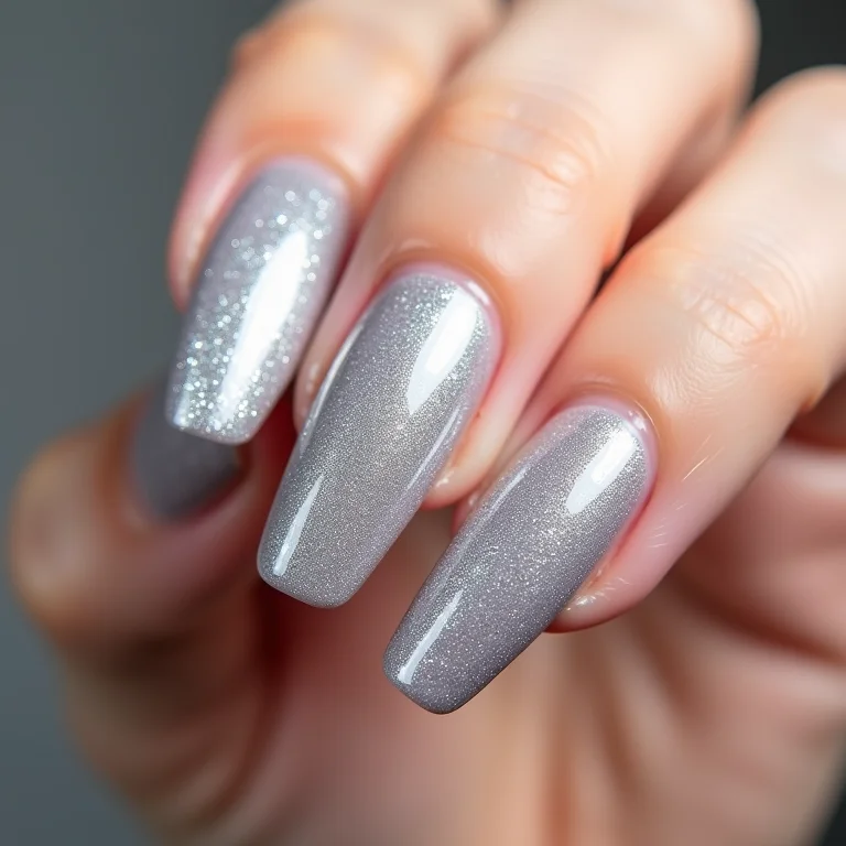 Unhas com glitter prateado.