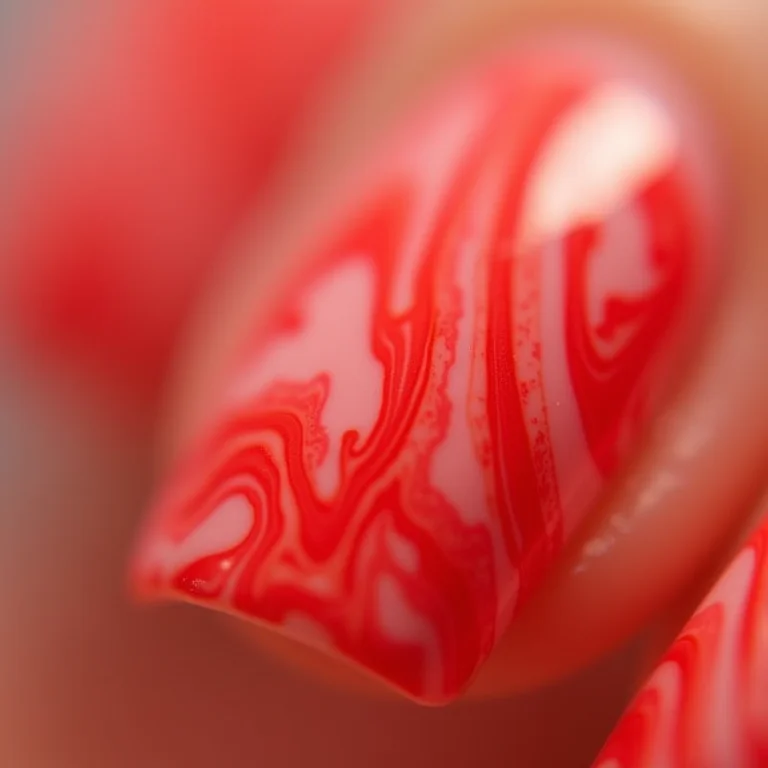 Unhas com listras vermelhas e brancas