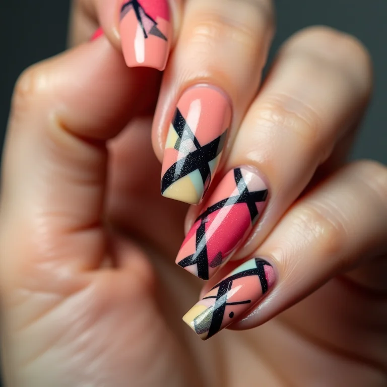 Unhas com nail art geométrica.