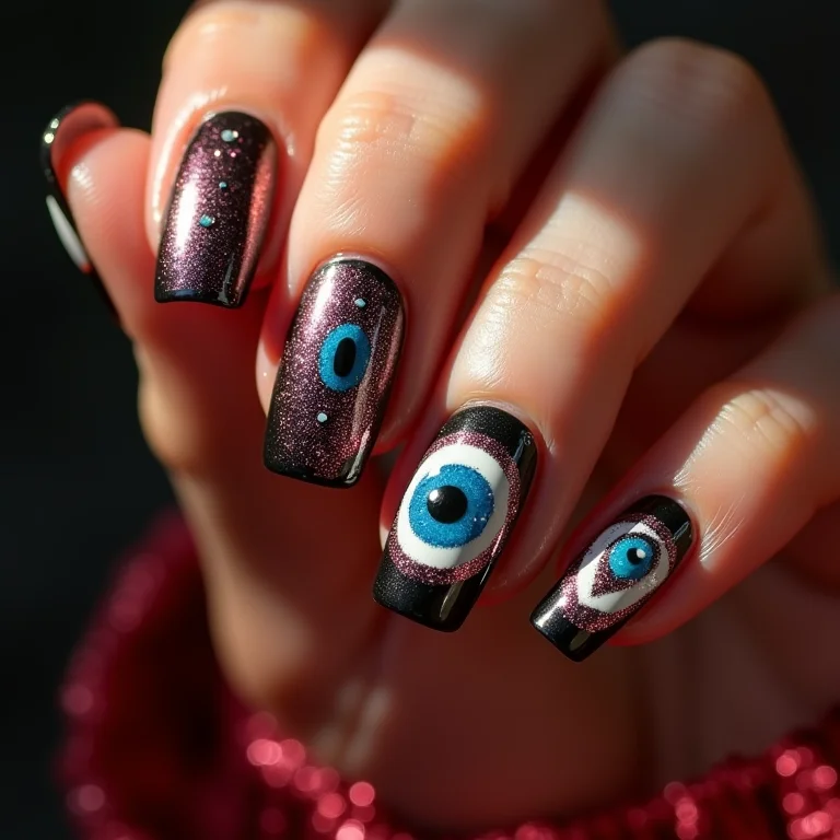 Unhas com olho grego e glitter