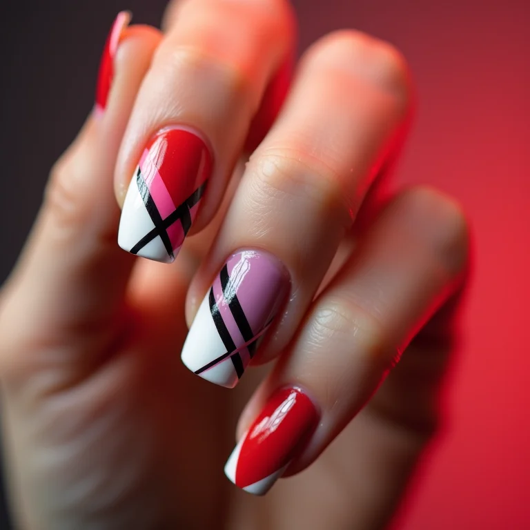 Unhas com padrões geométricos em cores contrastantes
