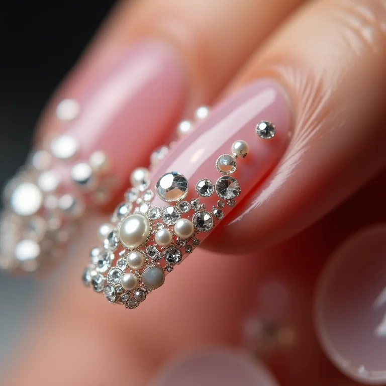 Unhas com pedrarias e pérolas em close-up.