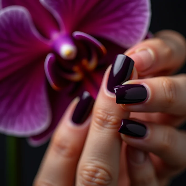 Unhas cor Lincoln Park After Dark da OPI tocando orquídea roxa.
