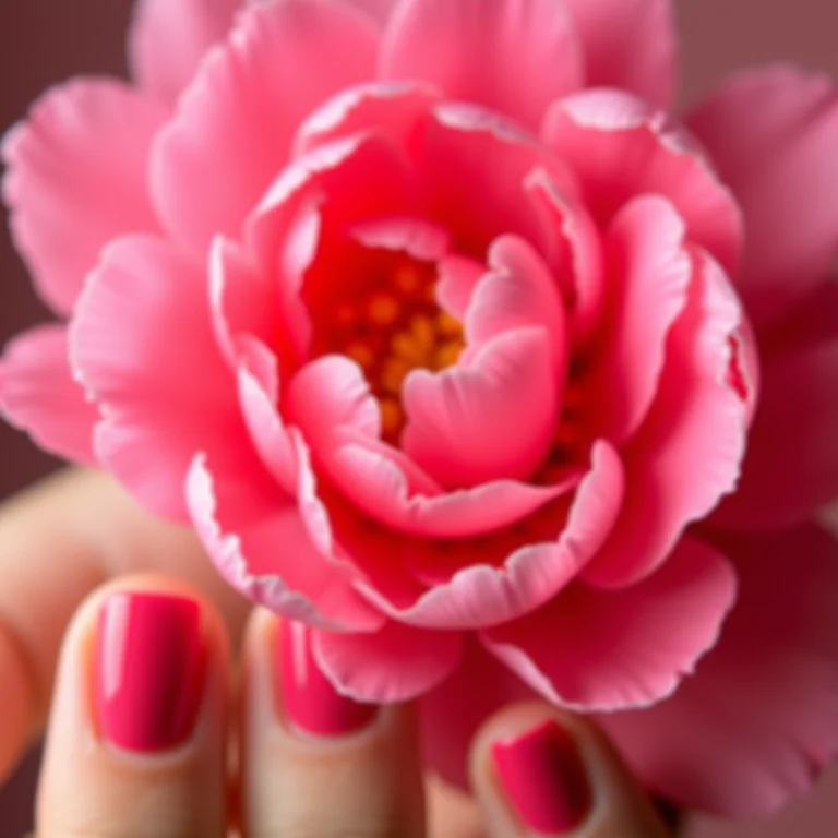 Unhas cor Mod About You da OPI segurando peônia rosa.