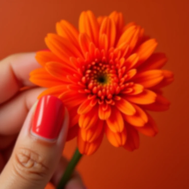 Unhas coral vibrante com flor de gerbera laranja