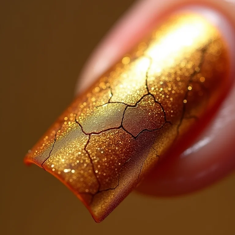 Unhas craqueladas com esmalte dourado.