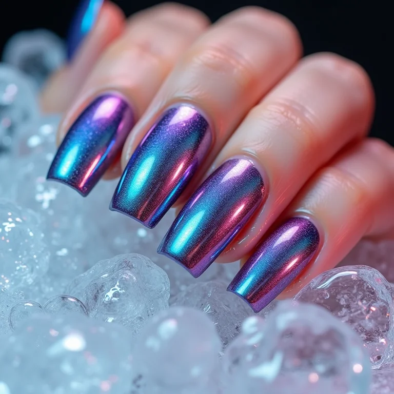 Unhas cromadas iridescentes mergulhadas em água gelada.