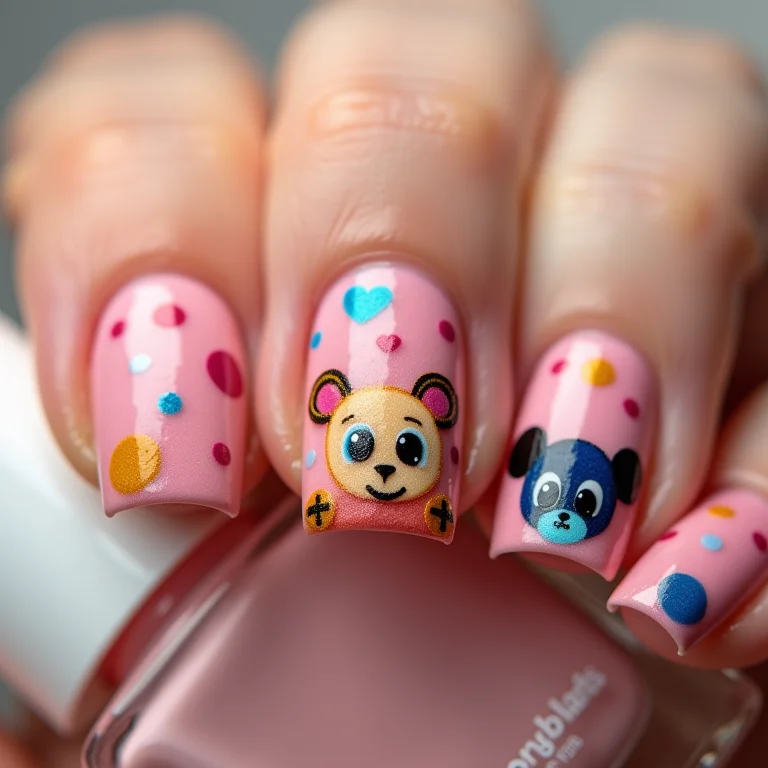 Unhas curtas com adesivos divertidos.