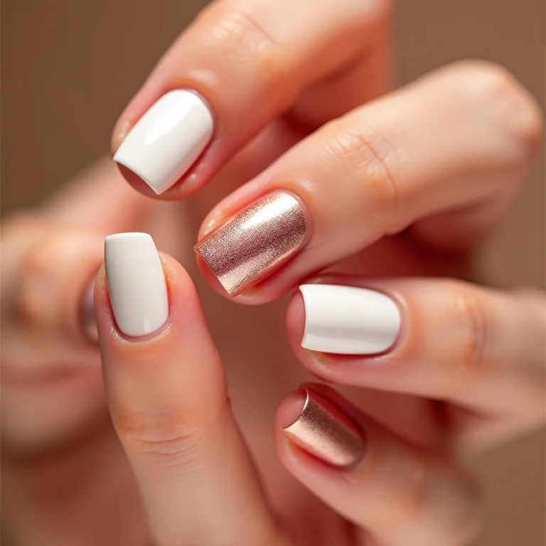 Unhas curtas com filha única rosê gold.